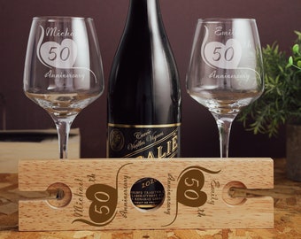 Personalised 50th Wedding Anniversary Engraved Wine Glass Butler Caddy Gift Set | Golden Anniversary Gift for Couples | 50 Years Married