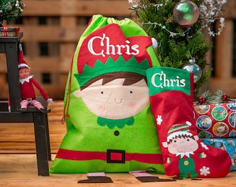 Personalised Christmas Santa Sack & Stocking Matching Set Embroidered With Name | Xmas Santa Sack | Childrens Stocking | Elf or Santa Design