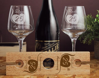 Personalised 25th Wedding Anniversary Engraved Wine Glass Butler Caddy Gift Set | Silver Anniversary Gift for Couples | 25 Years Married