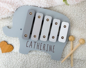 Personalised Engraved Wooden Elephant Xylophone Baby & Toddler Toy | Wooden Musical Instrument for Babies | 1st Birthday / Christening Gift