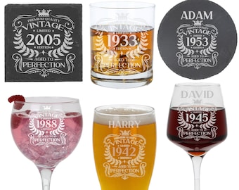 Vintage gegraveerd glas - Whisky Tumbler, Bier Pint Glas, Gin Glas, Wijnglas en / of Onderzetter Verjaardag Set Cadeau - ELK JAAR