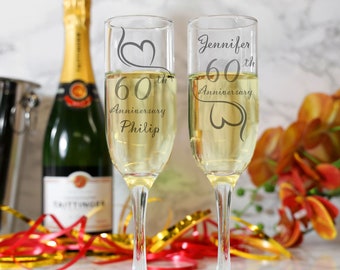 Engraved 60th Anniversary Champagne Glasses | Personalised Diamond Wedding Gift Set