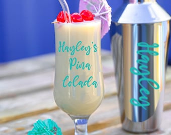 Personalised Pina Colada Cocktail Shaker & Glass Set with Name | At Home Bar | Custom Cocktail Mixer Gift | Reuse Straw | Party Cocktail Kit
