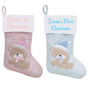 Personalised Baby's 1st Christmas Bear Stocking | Blue / Pink Stocking Embroidered With Name | Babies First Christmas Hanging Xmas Stocking