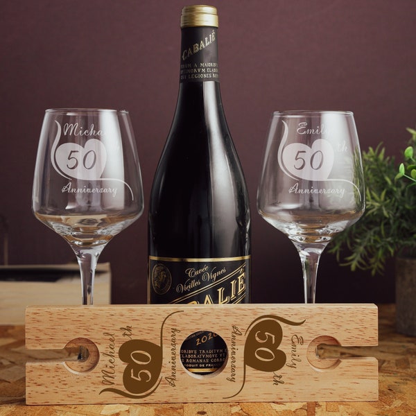 Personalised 50th Wedding Anniversary Engraved Wine Glass Butler Caddy Gift Set | Golden Anniversary Gift for Couples | 50 Years Married