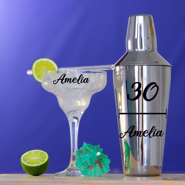 Personalised 30th Birthday Cocktail Shaker With Margarita Glass Reusable Straw & Cocktail Umbrella | Thirtieth Bday Gift | Cocktail Mixer