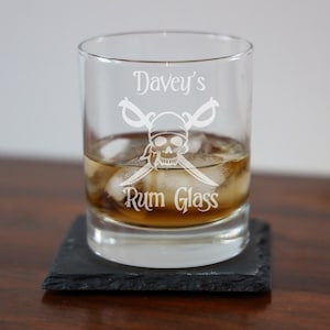 Personalised Engraved Rum Glass Skull Pirate Design Rum Glass Tumbler | Gifts for Him Dad Papa | Rum Lovers Glass | Engraved Low-Ball Glass