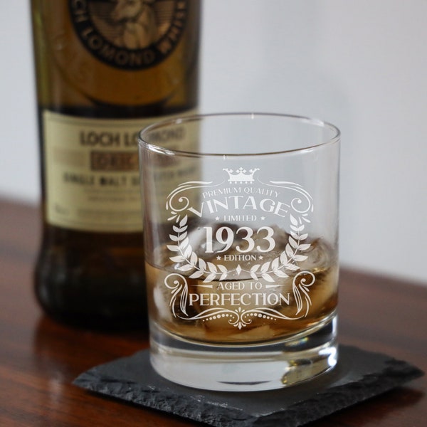 presents 90 year old lady Vintage 1933 Engraved Whiskey Glass - 90th Birthday Aged to Perfection – 90 Year Old Gifts Bourbon Scotch Whisky Tumbler Glass & Coaster Set