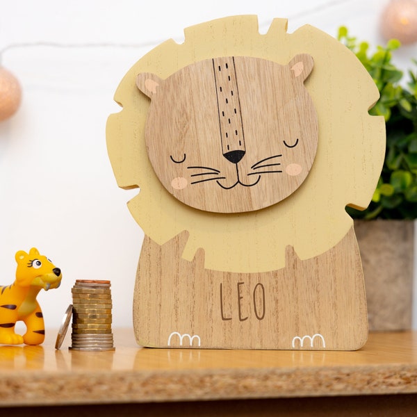 Banco de caja de dinero de león grabado personalizado - Hucha de dinero de bolsillo para niños - Regalo de caja de dinero de animales de madera para bebés y niños