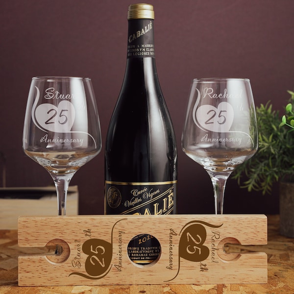 Coffret cadeau personnalisé pour majordome en verre à vin gravé 25e anniversaire de mariage | Cadeau d'anniversaire en argent pour couple | 25 ans de mariage