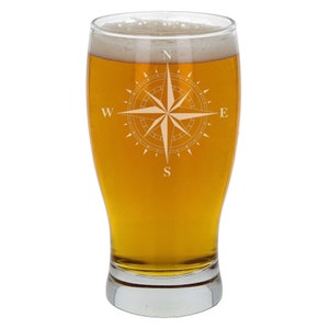 Engraved Compass Beer Pint Glass | Compass Rose Glassware | Gift for Him Dad Papa Son | Explorer Gift | Beer Lager Cider Vodka Glass Tumbler