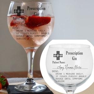 Personalised Engraved Gin Glass Prescription Gin Novelty Etched Large Gin Balloon Glass and/or Matching Coaster - Custom Made to Order Gift