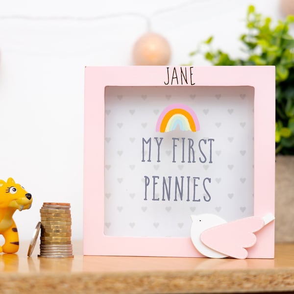 Personalised Engraved Money Box Frame My First Pennies - Pink Bird Savings Bank for Babies - Newborn Gift  -  Kids Piggy Bank for Baby Girl