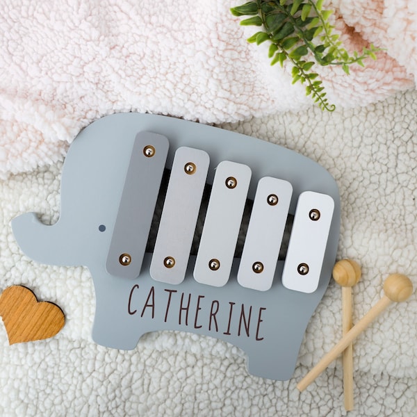 Personalised Engraved Wooden Elephant Xylophone Baby & Toddler Toy | Wooden Musical Instrument for Babies | 1st Birthday / Christening Gift