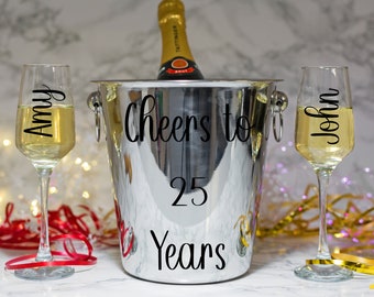 Personalised Silver Wedding Anniversary Ice Bucket With Matching Champagne Glasses | 25th Wedding Gift | Couple Gift | Any Name | Any Font