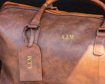 Personalised Weekender Bag | Luggage Holdall Bag | Custom Carry-On Travel Bag | Leather Look 30L Overnight Bag | Brown/Tan Or Black add Tag