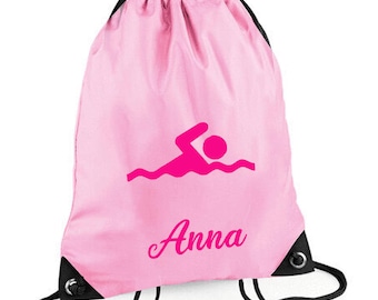 Personalised Swimming Bag, Name & Swim Design Drawstring Rucksack Bag. Kids Named PE Bag Swimming Bag Gym afterschool club back to school