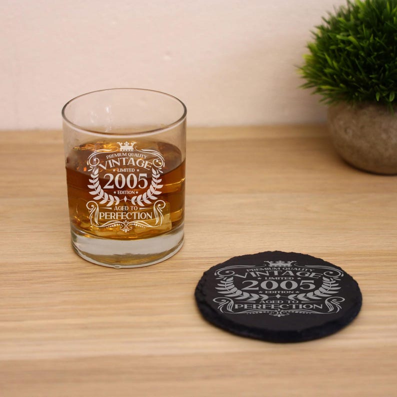 Personalised Vintage 2005 Engraved Whiskey Glass - 21st Birthday Aged to Perfection – 21 Year Old Gifts Bourbon Scotch Whisky Tumbler Glass Glass & Round