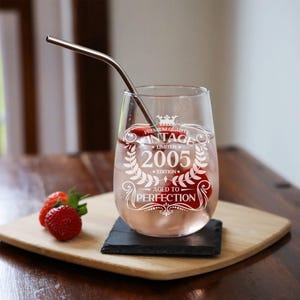 Vintage 2005 Engraved Stemless Gin Glass and/or Coaster 20th Birthday Gift Aged to Perfection – Gin Lovers Gift for Her – 20 Year Old Gifts