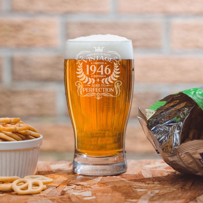 Personalised Vintage 1946 Engraved Beer Pint Glass 80th Birthday Aged to Perfection 80 Year Old Gifts Beer Tulip Pint Glass &/or Coaster Set image 6