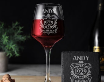 Vintage 1929 Engraved Wine Glass - 95th Birthday Aged to Perfection –95 Year Old Gifts Red White Rose Glass & Coaster Set