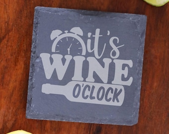 It's Wine O'Clock Birthday Gift, Engraved Slate Coaster For Wine Lovers, Home Bar Keepsake For Birthday Drinks