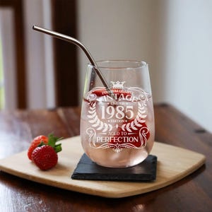 Vintage 1985 Engraved Stemless Gin Glass and/or Coaster 40th Birthday Gift Aged to Perfection – Gin Lovers Gift for Her – 40 Year Old Gifts