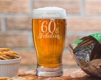 Personalised 60 and Fabulous 60th Birthday Engraved Pint Glass For Her, Beer Glass Keepsake, Beer Lover Gift