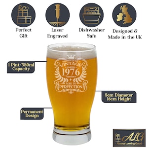 Vintage 1976 Engraved Beer Pint Glass - Personalised 50th Birthday Gift – 50 Year Old Aged to Perfection Beer Cider Lager Tulip Pint Glass image 9