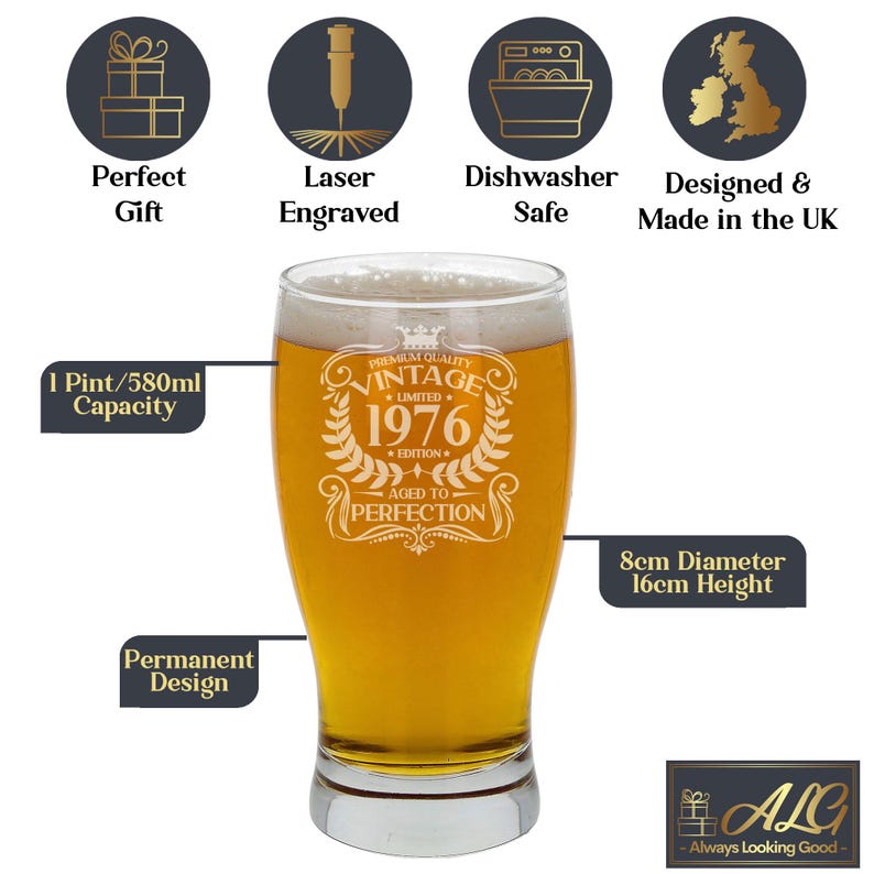 Vintage 1976 Engraved Beer Pint Glass - Personalised 50th Birthday Gift – 50 Year Old Aged to Perfection Beer Cider Lager Tulip Pint Glass image 9