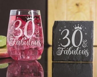 30 and Fabulous Engraved Stemless Gin Glass – 30th Birthday Gin Glass and/or Coaster Set – Gifts for 30 Year Old – Gin Lovers Gifts for Her