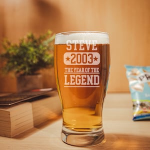 ANY Birthday The Year Of The Legend Personalised Engraved Pint Glass Beer Glass Tumbler – Big Birthday Gift Glass & Coaster – Gift for Him