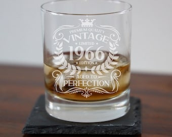 Vintage 1966 Engraved Whiskey Glass - 60th Birthday Aged to Perfection – 60 Year Old Gifts Bourbon Scotch Whisky Tumbler Glass & Coaster Set