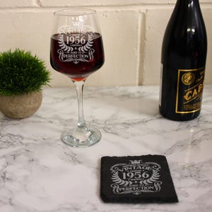 Vintage 1956 Engraved Wine Glass - Personalised 70th Birthday Aged to Perfection – 70 Year Old Gifts Wine Glass & Optional Coaster Set image 3
