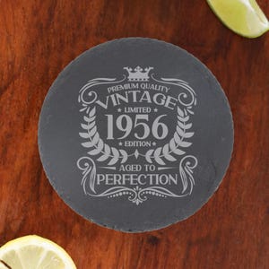 Vintage 1956 Engraved Whiskey Glass - Personalised 70th Birthday Aged to Perfection – 70 Year Gifts Bourbon Scotch Whisky Tumbler or Coaster Round Coaster Only