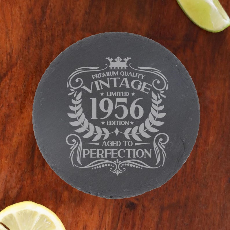 Vintage 1956 Engraved Whiskey Glass - Personalised 70th Birthday Aged to Perfection – 70 Year Gifts Bourbon Scotch Whisky Tumbler or Coaster Round Coaster Only