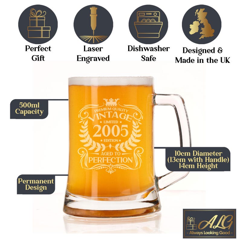 Personalised 21st Birthday Engraved Beer Stein Glass for Him Vintage 2005 Tankard Mug Aged to Perfection – 21 Year Old Gifts Glass & Handle Glass Only