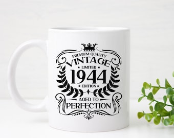 Vintage 1944 Mug and Coaster - 80th Birthday Mug Aged to Perfection – Personalised 80 Year Old Gifts - 80th Birthday Gift Idea for Him / Her