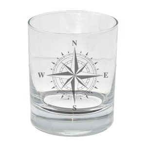 Engraved Compass Whisky Glass | Compass Rose Glassware | Gift for Him Dad Papa Son | Explorer Gift | Rum Bourbon Whiskey Vodka Glass Tumbler
