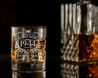 Vintage 1944 Engraved Whiskey Glass - 80th Birthday Aged to Perfection – 80 Year Old Gifts Bourbon Scotch Whisky Tumbler Glass & Coaster Set