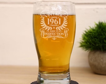 Vintage 1961 Engraved Beer Pint Glass - 65th Birthday Aged to Perfection – 65 Year Old Gifts Beer Cider Lager Tulip Pint Glass & Coaster Set