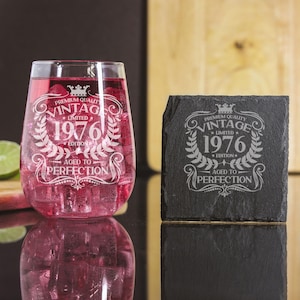 Vintage 1976 Engraved Stemless Gin Glass and/or Coaster Personalised 50th Birthday Gift Aged to Perfection – Gift for Her 50 Year Old Gifts immagine 6