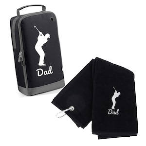 DAD or GRANDAD serviette de golf ou sac à chaussures ou jeu des deux | Sac à chaussures de golf et serviette noirs | Cadeau de golfeur personnalisé pour la fête des pères