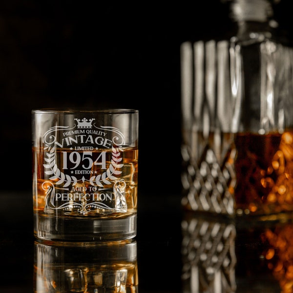 Vintage 1954 Verre à whisky gravé - 70e anniversaire de naissance - 70 ans d'âge - Ensemble de verres et de sous-verres à whisky Bourbon Scotch