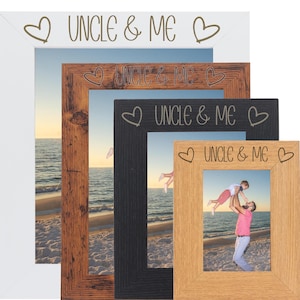 May include: Four photo frames in white, brown, black, and light brown. Each frame features a beach scene and the text "UNCLE & ME" with heart motifs. The frames are arranged in a layered composition, showcasing different textures.