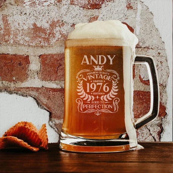 Personalized 60th Birthday Beer Mug - Custom Etched 16oz Glass Stein For 1965 Birth Year