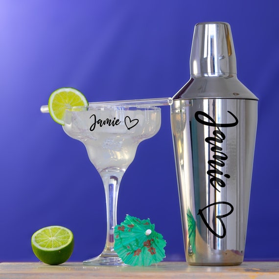 Personalised Cocktail Shaker & Margarita Cocktail Glass Gift Set and Straw  Custom Margarita Glass Cocktail Shaker Kit at Home Bar Set 
