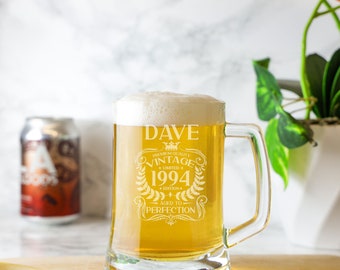 Vintage 1994 Engraved Beer Stein Tankard Glass Mug 30th Birthday Aged to Perfection – 30 Year Old Gifts Beer Glass With Handle & Coaster Set