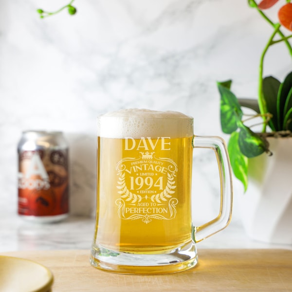 Vintage 1994 Engraved Beer Stein Tankard Glass Mug 30th Birthday Aged to Perfection – 30 Year Old Gifts Beer Glass With Handle & Coaster Set