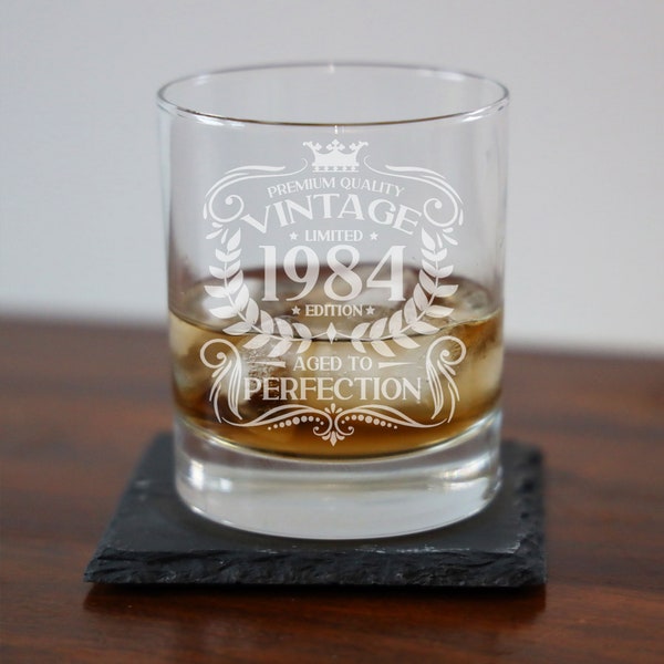 vintage 1984 Verre à whisky gravé - 40e anniversaire vieilli jusqu'à la perfection - 40 ans d'âge - Ensemble de verres et de sous-verres à whisky Bourbon